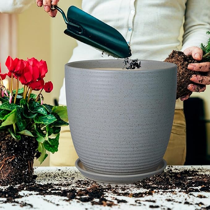 12 Inch Plant Pot, Ceramic Planter Pot with Drainage Hole and Saucer Round Large Flower Pot for Indoor Plants, Light Gray-BloomoryGarden