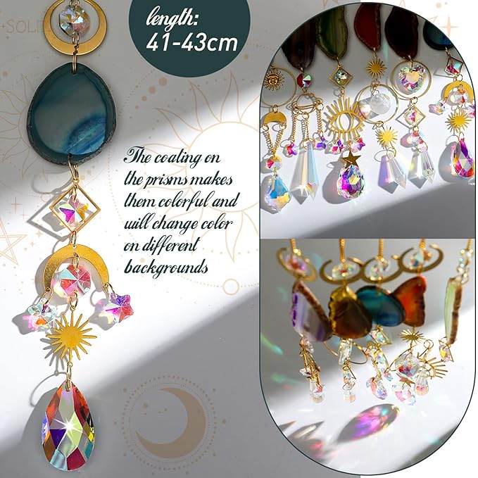 Maitys 6 Pcs 6 Pcs Crystal Suncatcher Sun Catchers Indoor Window Hanging Sun Catchers with Light Catcher with Prisms and Agate Slices for Indoor Outdoor Home Garden Wedding Decor (Colorful Crystal)-BloomoryGarden