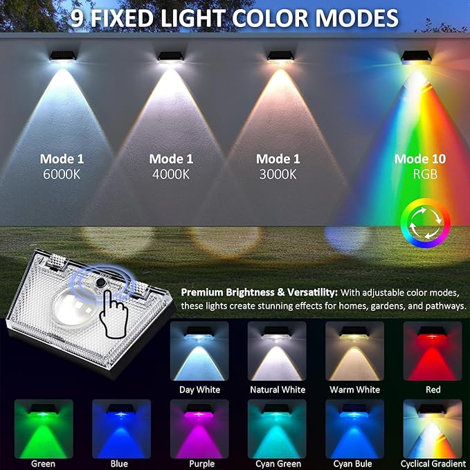 12PK Solar Fence Lights Outdoor - 3000/4000/6000K&RGB 6 Color, Dusk to Dawn Fence Lights Solar Powered, IP65 Waterproof Solar Light Outdoor for Backyard/Railing/Step/Patio/Wall-BloomoryGarden