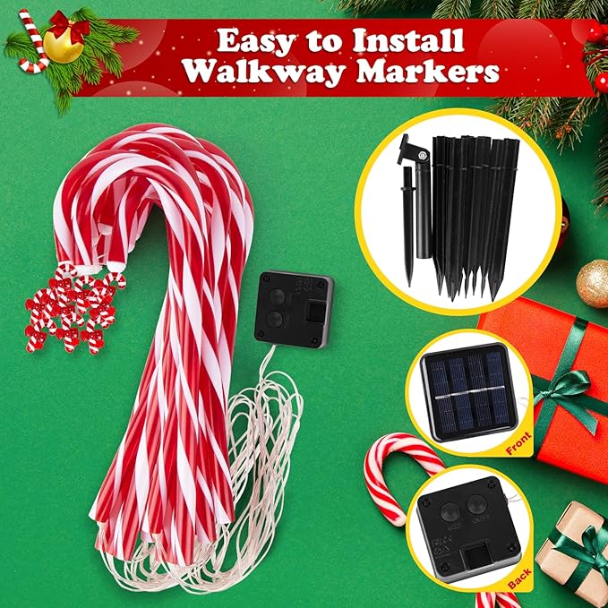 12 Pack Christmas Candy Cane Lights Outdoor Solar Pathway Lights Christmas Decorations Waterproof Driveway Walkway Markers Yard Garden Home Xmas Decor, 2-in-1 Rechargeable Solar Power-BloomoryGarden