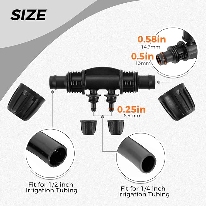 1/2 Inch to 1/4 Inch Tubing Irrigation Fittings for (1/2'' ID x 0.60''-0.63'' OD) 16mm Drip Tubing, Anti Leak Lock Barbed Tee Connectors (20Pcs Lock Barbed Tee 4-Way Buckle Black)
