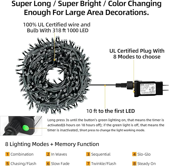 1000 LED 328ft 8 Modes with Timer Christmas String Lights IP55 Outdoor Waterproof UL Certificated Indoor Fairy Lights Garden Patio Wedding Christma Trees Parties Decoration Multicolor-BloomoryGarden