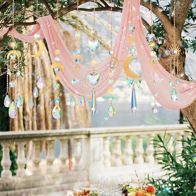Maitys 10 Pcs 6 Pcs Crystal Suncatcher Sun Catchers Indoor Window Hanging Sun Catchers with Light Catcher with Prisms and Agate Slices for Indoor Outdoor Home Garden Wedding Decor (Stylish)-BloomoryGarden