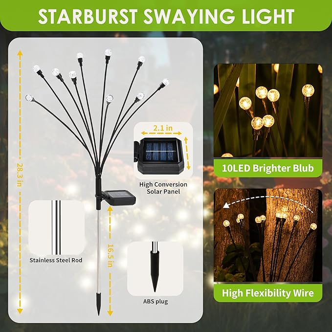 10 LED Solar Garden Lights, 6 Pack Solar Firefly Lights Outdoor Waterproof, Solar Crystal Ball Swaying Lights, Firefly Garden Lights Solar Outdoor (Warm White)-BloomoryGarden