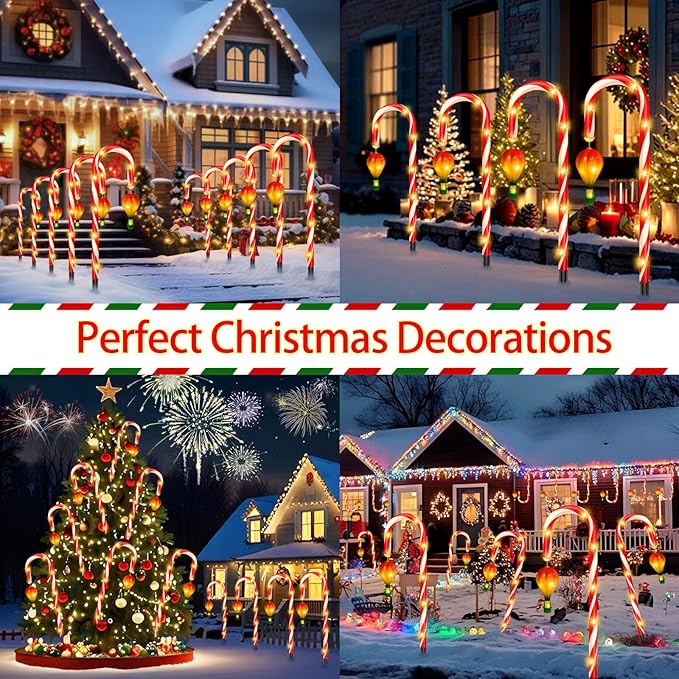 12 Pack Outdoor Solar Christmas Decorations, 180 Bright LED Solar Candy Cane Christmas Lights 8 Lighting Modes, Waterproof Outside Xmas Decorations with Lantern Decor Lights for Pathway Yard Garden-BloomoryGarden