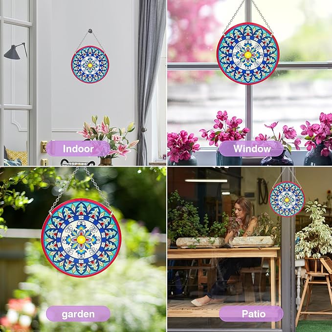 Mandala Suncatcher Stained Glass - Handmade Gifts for Women, Suncatchers for Windows - Window Hangings with Chain and Hook, 6 inch Stained Glass Suncatcher for Mom-BloomoryGarden