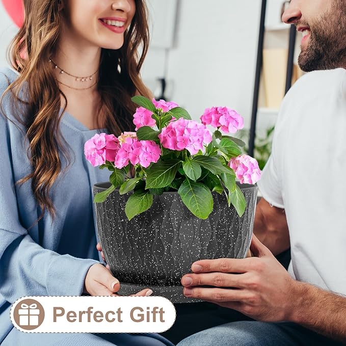 12 Inch Wide Water Ripples Flower Pots for Indoor or Outdoor Plants, Large Plant Pots with Drainage Holes & Saucer, Plastic Planters Set for Garden & Home Decor (Black with White Speckles)-BloomoryGarden