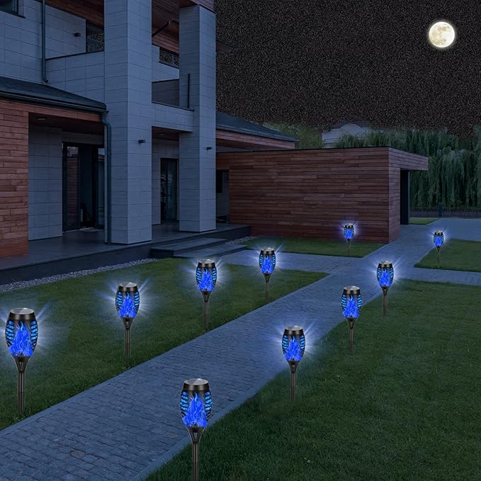 12 Pack Solar Torch Lights Outdoor Waterproof - Blue Flickering Flame, Outdoor Solar Garden Lights for Yard, Tiki Torches for Outside Patio Pathway Decorations-BloomoryGarden