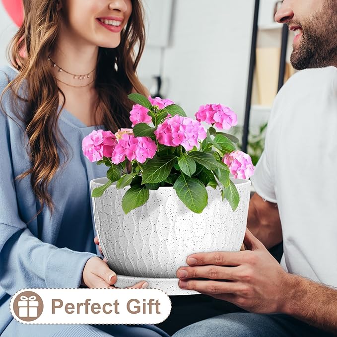 12 Inch Wide Water Ripples Flower Pots for Indoor or Outdoor Plants, Large Plant Pots with Drainage Holes & Saucer, Plastic Planters Set for Garden & Home Decor (White with Black Speckles)-BloomoryGarden