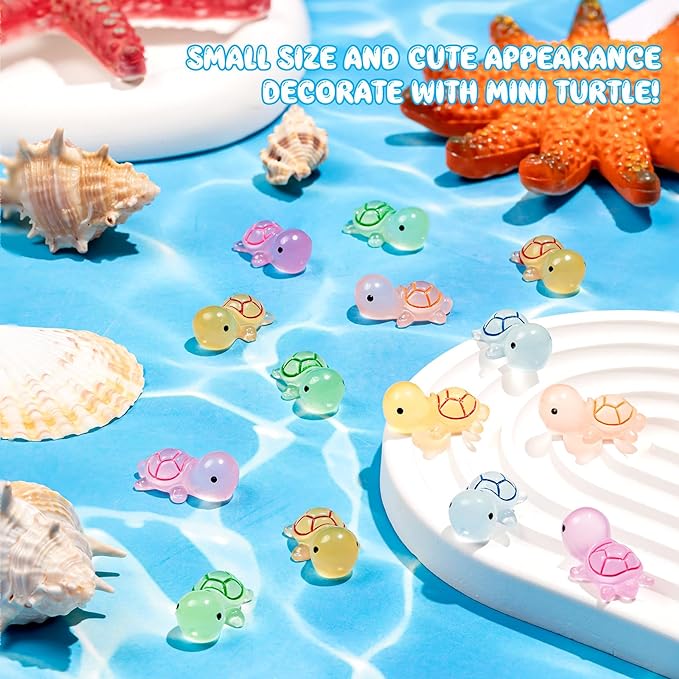 102PCS Luminous Mini Resin Turtles Sea Turtles Figurines Glow in The Dark, Cute Tiny Turtles Bulk for Cake Toppers Ocean Animal Theme Decor Garden Micro Landscape DIY Hidden Game (6 Colors)-BloomoryGarden