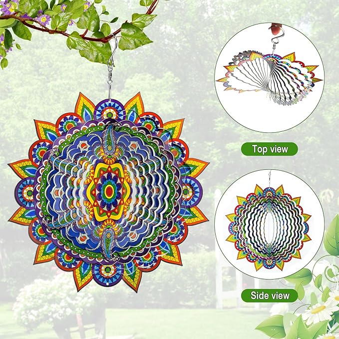 Mandala Wind Spinners, 3D Metal Wind Spinners Outdoor for Yard and Garden,12inch Stainless Steel Hanging Wind Spinners, Kinetic Yard Art Garden Decor Ornament Gifts-BloomoryGarden