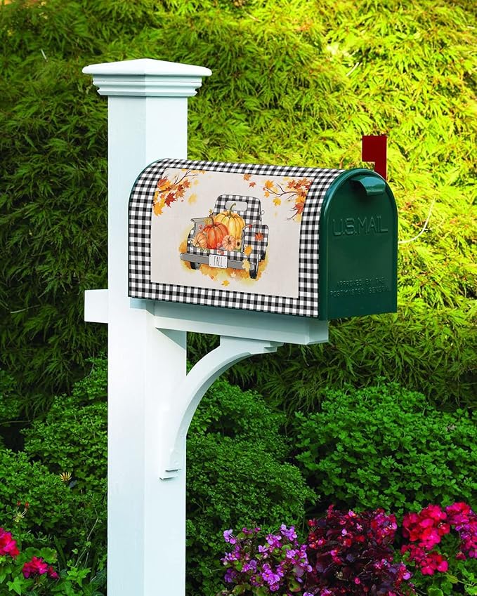 Magnetic Mailbox Cover Oversized 21"x25.5" Fall Black and White Buffalo Plaid Truck with Pumpkins Post Box Cover Mailbox Wraps Post Letter Box Cover for Holiday Garden Yard Outdoor Decor-BloomoryGarden