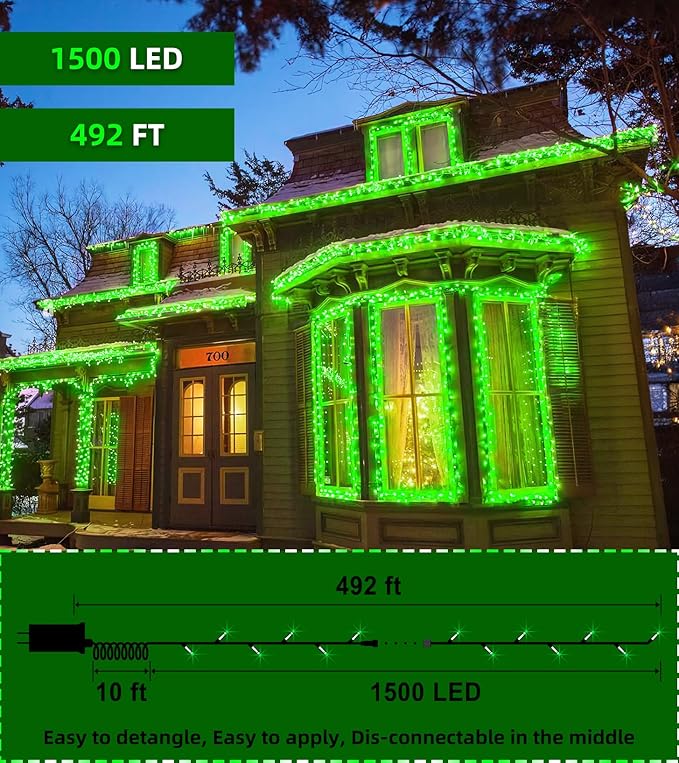 1500 LED Chrstmas String Lights, 492FT Super Long Christmas Lights with 8 Modes, Christmas Tree Lights with Timer Memory for Indoor Outdoor Tree Fence Garden Xmas Wedding Party Decor Green-BloomoryGarden