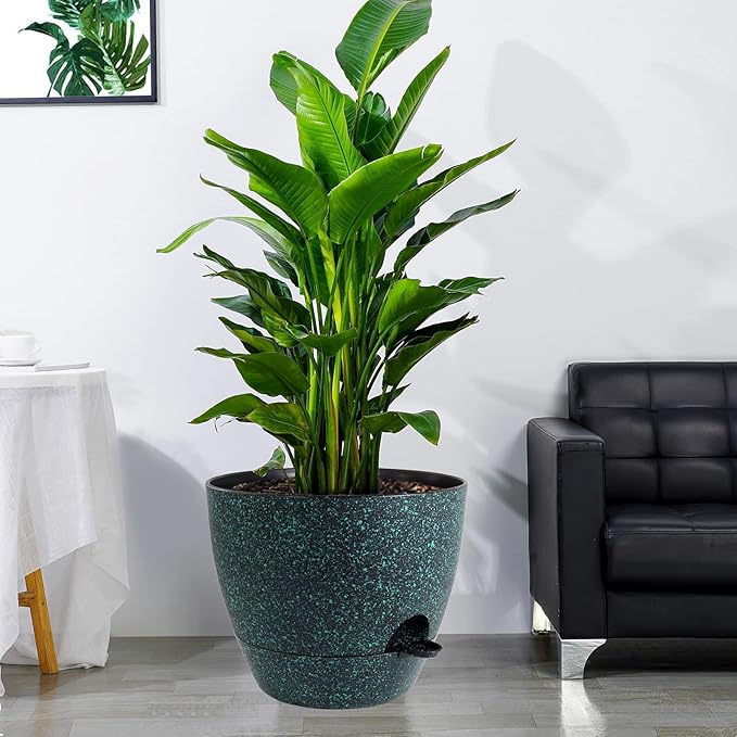 12 inch Large Self Watering Pots, Plastic Planters with 60oZ Removable Deep Reservoir and Multi Mesh Drainage Holes for Indoor Outdoor Garden Plants and Flowers, Black with Green Speckles-BloomoryGarden