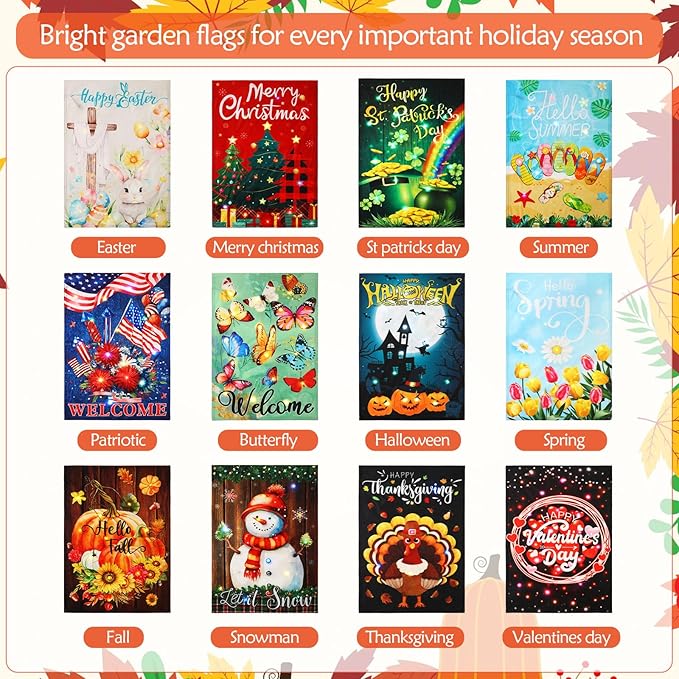 12 Pcs Solar Seasonal LED Garden Flags 12 x 18 Inch Double Sided Yard Flags Halloween Christmas Fall Thanksgiving Day Decorations Welcome Garden Holiday Yard Outside Lawn Decoration-BloomoryGarden
