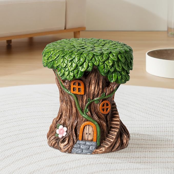 13''H Fairy House Statue Outdoor Statues Garden Resin Stool Over-Sized Sculpture Forest Pedestal Spring Decor for Home Courtyard Lawn Patio Summer Ornament Indoor Stool-BloomoryGarden