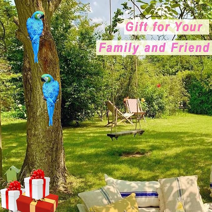 12inch Blue Parrot Tiki Bar Statue for Pool Decorations, Outdoor Parrot Deck Decor, Resin Plastic Parrot Sculpture for Porch, Life Size Tropical Birds for Yard, Tree Faces Animals(Blue)-BloomoryGarden