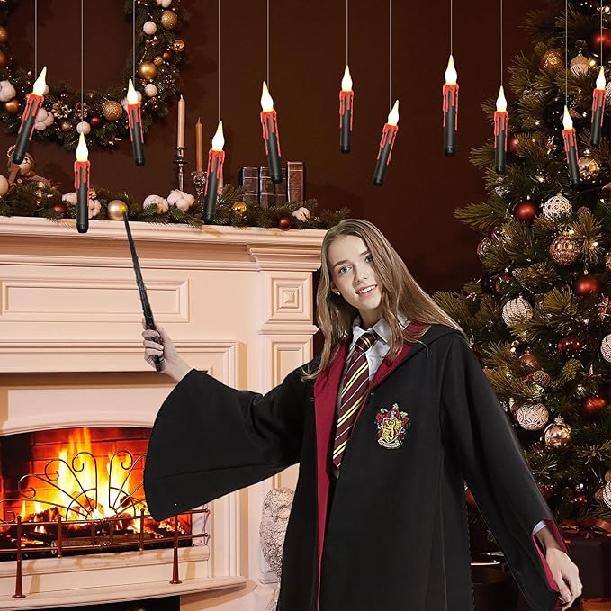12pcs Floating Candles with Wand, Magic Hanging Candles, Flameless Candles with Magic Wand Remote, Battery Operated Hanging Window Candle, 6.1" LED Electric Candles for Christmas Halloween Decorations-BloomoryGarden