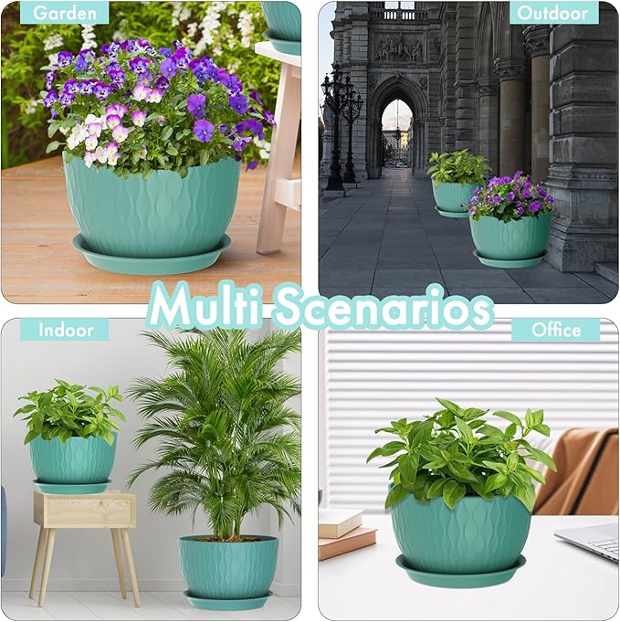 12 Inch Large Plant Pots for Indoor or Outdoor Plants, Wide Water Ripples Flower Pots with Drainage Holes & Saucer, Plastic Planters Set for Garden & Home Decor (Blue Green)-BloomoryGarden