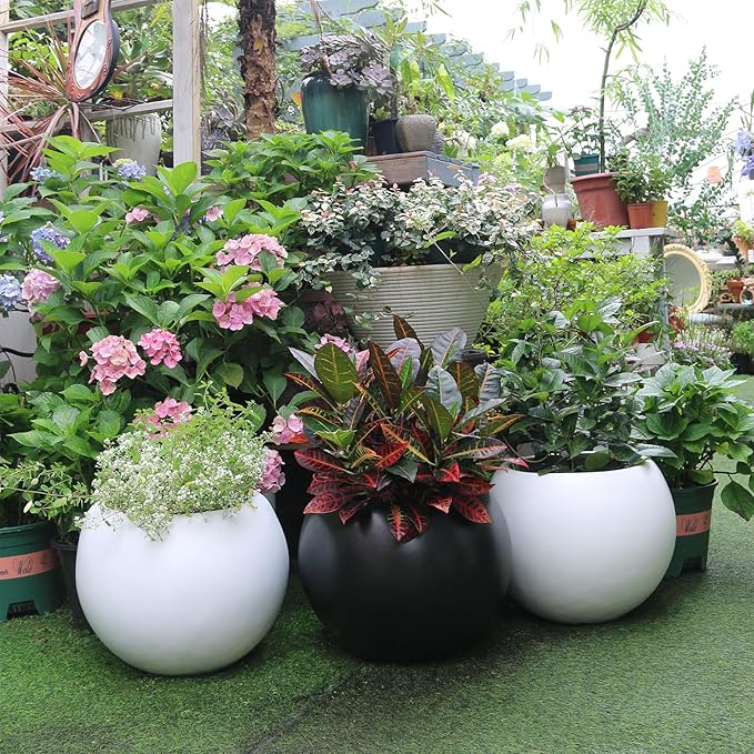 13.5 H x 17" Dia (12" Pot Opening) Round Fiberstone Planter with Drainage Hole, Black, Indoor/Outdoor Large Plant Pot for Home Patio Garden, Ideal for Large Plants-BloomoryGarden
