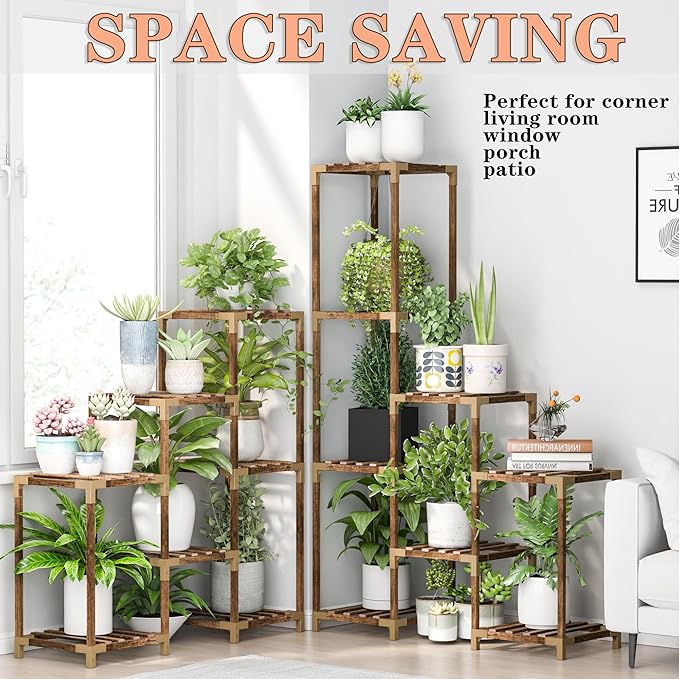 HOMKIRT Corner Plant Stand Indoor Outdoor for Multiple Plants, Large Tall Plant Shelf Rack Table Holder with Hanging Space Flower Stand for Patio Porch Balcony Garden Boho Decor