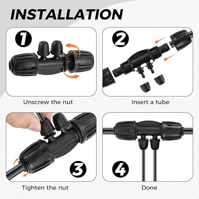 1/2 Inch to 1/4 Inch Tubing Irrigation Fittings for (1/2'' ID x 0.60''-0.63'' OD) 16mm Drip Tubing, Anti Leak Lock Barbed Tee Connectors (20Pcs Lock Barbed Tee 4-Way Buckle Black)