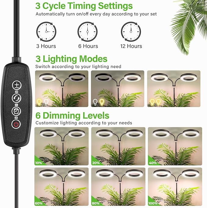LORDEM Grow Light for Indoor Plants, 7.9" Diameter Dual-Head Plant Light for Plants Growing, Full Spectrum Growth Lamp with Auto Timer 3/6/12H, 4 Dimmable Levels, 3 Lighting Modes, Adjustable Stand-BloomoryGarden