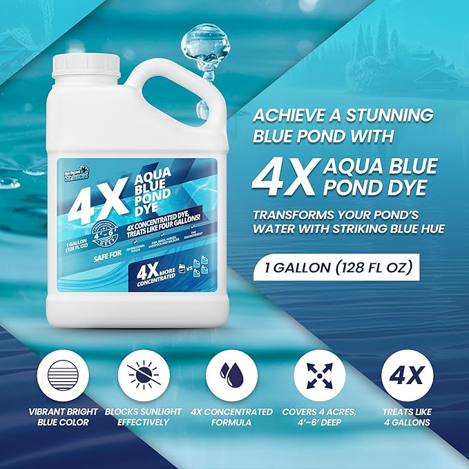 1 Gallon Aqua Blue Pond Dye 4X Concentrate, Lake & Pond Dye Blue for Aqua Colored Water, Ideal Lake Colorant, Aquashade Colorant That Protects Against Sunlight - Ideal for Fish and Wildlife-BloomoryGarden