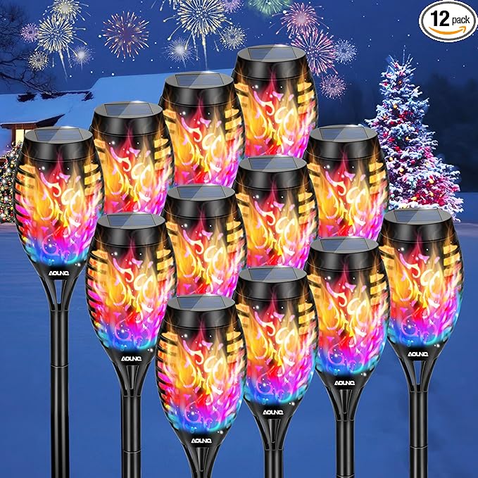12 Pack Solar Torch Lights Outdoor Waterproof - Multicolor Flickering Flame, Outdoor Solar Garden Lights for Yard, Tiki Torches for Outside Patio Pathway Decorations-BloomoryGarden