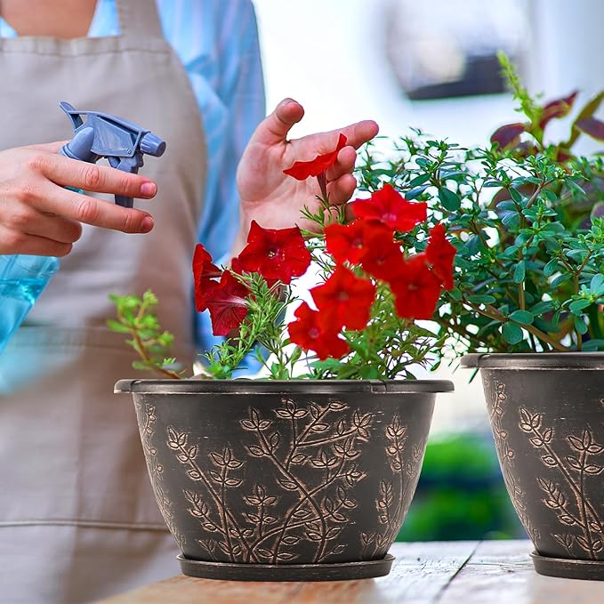 12-inch-Flower-Pots-Outdoor-Indoor, 4 Pack Plastic Planter Pots for Plant with Drainage Hole Saucer, Decorative Resin Garden Container with Tray-BloomoryGarden