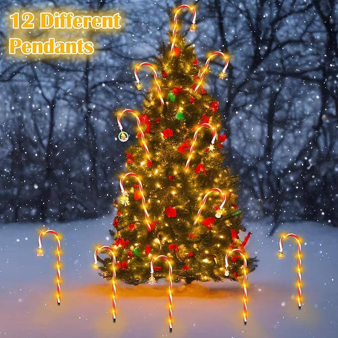 12 Pcs Christmas Candy Cane Lights Outdoor Christmas Decorations Battery Operated Candy Cane Pathway Markers Light 84 LED Candy Cane Stake Waterproof with 8 Modes for Yard Garden Lawn Tree Decor-BloomoryGarden
