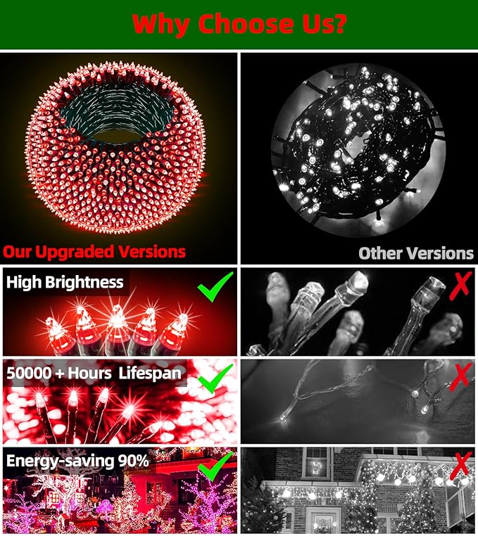 1500 LED 492FT Christmas Lights With Timer Memory - Green Wire String Lights for Indoor Outdoor Decorations, Christmas Tree, Party, Xmas, Wedding, Garden, Patio - Red-BloomoryGarden