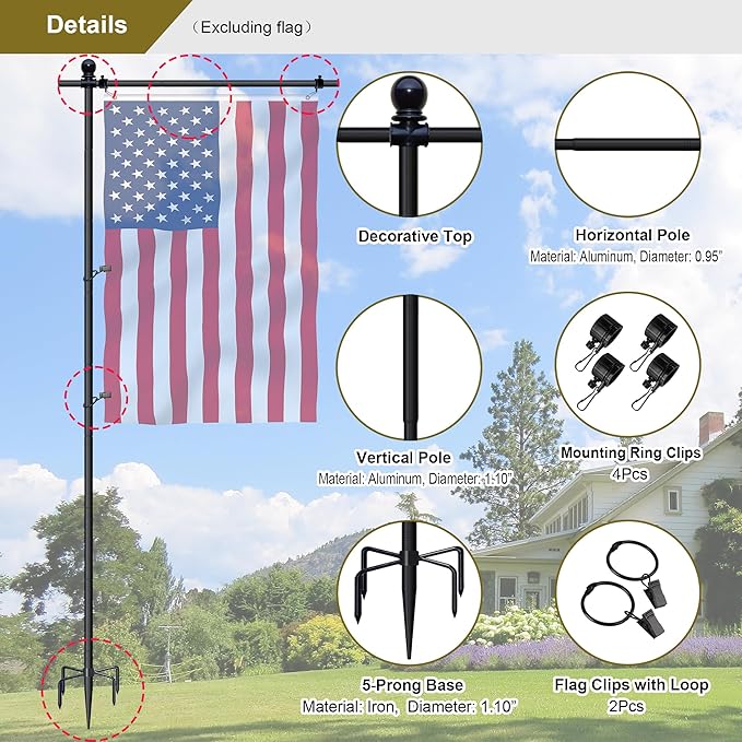 10FT Flag Pole Stand for Garden – Adjustable Outdoor Flagpole with 5-Prong Base, Freestanding Aluminum Banner Holder for 3x5ft & 28"x40" Flags – Wind-Resistant & Lightweight – Black-BloomoryGarden