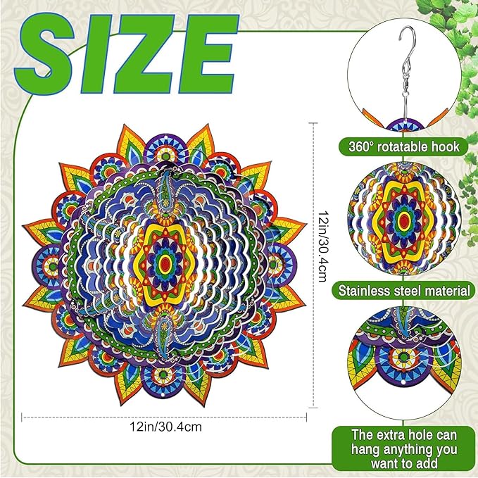 Mandala Wind Spinners, 3D Metal Wind Spinners Outdoor for Yard and Garden,12inch Stainless Steel Hanging Wind Spinners, Kinetic Yard Art Garden Decor Ornament Gifts-BloomoryGarden
