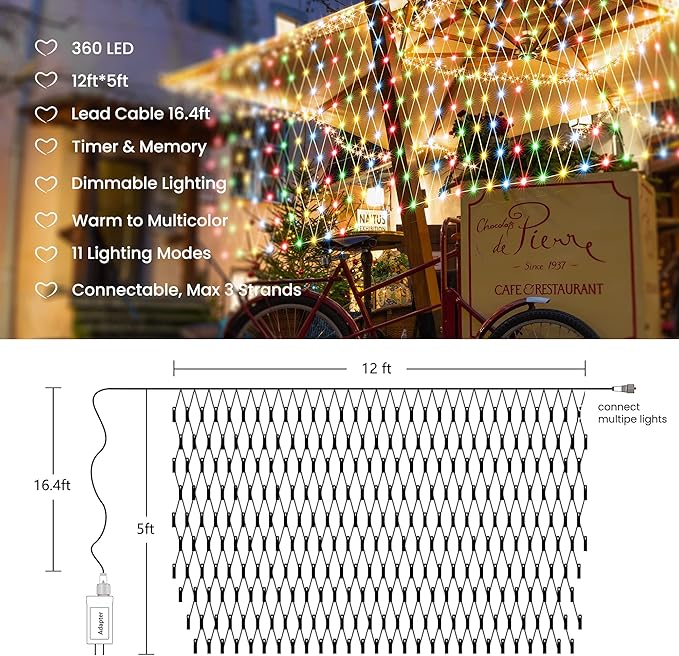 12ft x 5ft 360 LED Christmas Net Lights, 11 Modes 30V Christmas Net Lights, Warm White-Multi Color Changing Mesh Decorative Net Lights for Xmas Tree Bush Wedding Garden Outdoor Indoor Decor-BloomoryGarden