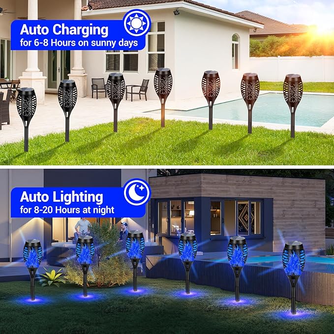 12 Pack Solar Torch Lights Outdoor Waterproof - Blue Flickering Flame, Outdoor Solar Garden Lights for Yard, Tiki Torches for Outside Patio Pathway Decorations-BloomoryGarden