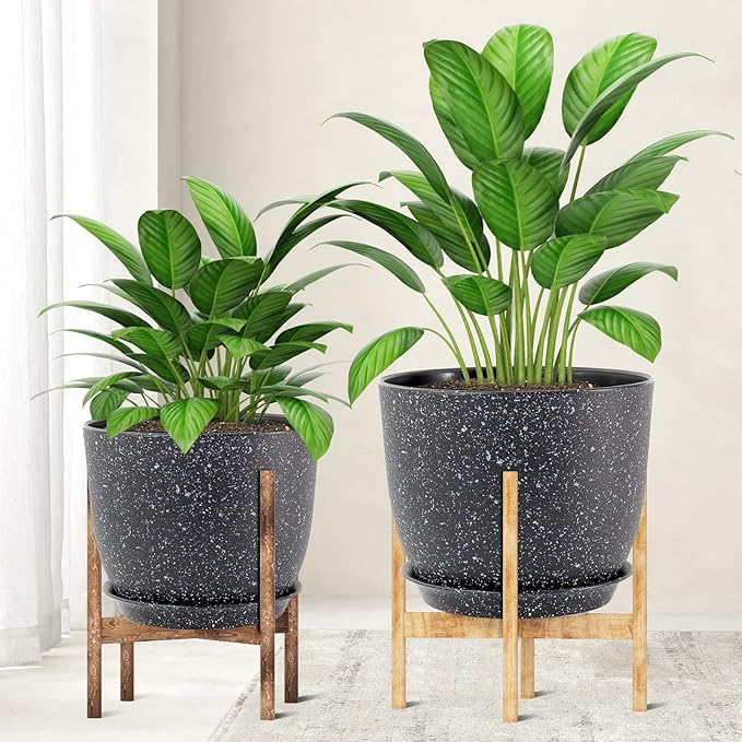 12/10/9 Large Modern Plant Pots, Plastic Planters with Drainage Holes and Saucers for Indoor Outdoor Plants Flowers, Black Speckles-BloomoryGarden