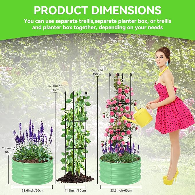 1 Pack Raised Garden Beds Outdoor, Galvanized Metal Raised Garden Bed with Trellis, 23.6x23.6x60in Tomato Cages for Garden Planters Box with Trellis for Climbing Plants Vegetable Vine Flowers-BloomoryGarden