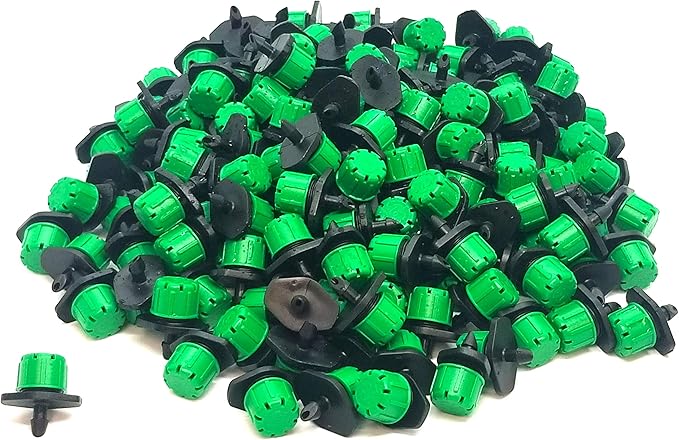 (100-PACK) - 360 Degree 1/4" Inch Universal Barbed Drip Emitter - Adjustable Flow 0-18.5 GPH Fit 1/4 (4-7mm) Drip Irrigation Tubing - Professional Grade Drippers for Drip Irrigation-BloomoryGarden