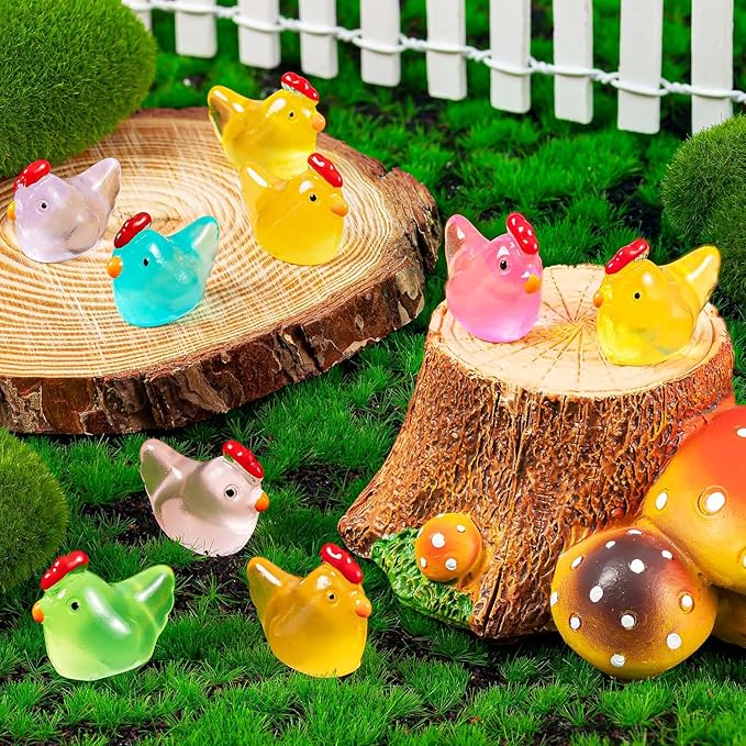 128PCS Luminous Mini Resin Chickens Miniature Animals, Tiny Chickens Miniature Figurines Glow in The Dark for Micro Garden, Potted Plant, DIY, Home Outdoor Party Decor (8 Colors)-BloomoryGarden