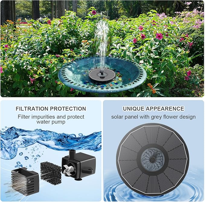 Solar Fountain Upgraded High Efficiency Glass Solar Panel, Solar Bird Bath Fountains with Flower No Battery,Solar Water Pump Fountain for Bird Bath Garden Small Ponds Outdoor Décor(Black)-BloomoryGarden