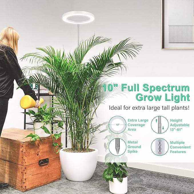 LORDEM 10" Grow Light for Indoor Plants, Full Spectrum Plant Lamp with160 LEDs, 4H/8H/12H Timer, 10 Dimmable Levels, 3 Spectrum Modes, Height Adjustable 61", Ideal for Growing Large Tall Plants-BloomoryGarden