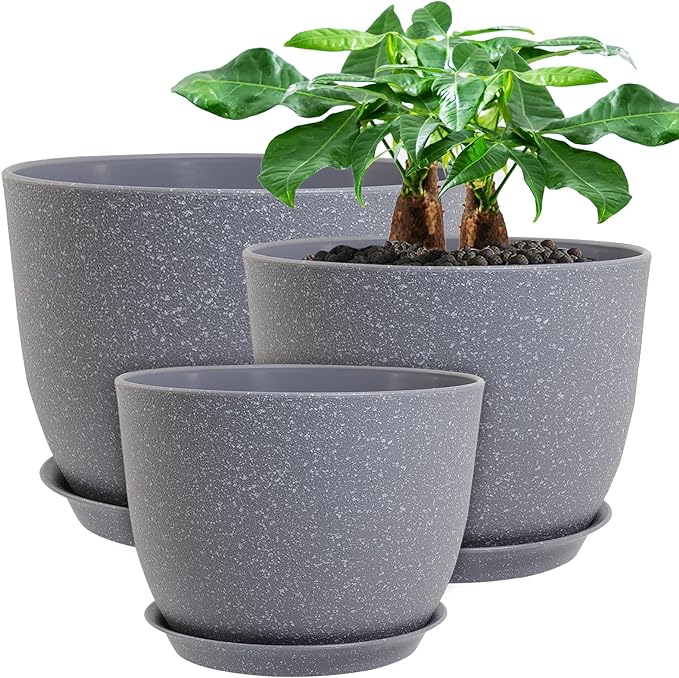 12/10/9 Large Modern Plant Pots, Plastic Planters with Drainage Holes and Saucers for Indoor Outdoor Plants Flowers, Grey Speckles-BloomoryGarden