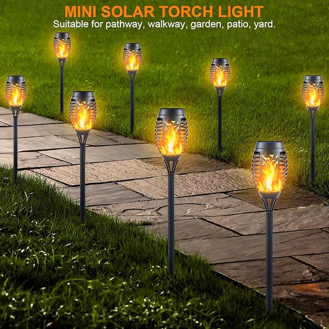 12-Pack Solar Torch Lights with Flickering Flame - 12LED Mini Fire Effect Solar-Powered Tiki Torches, Waterproof Outdoor Lighting with Auto On/Off, Perfect for Garden, Patio & Pathway Decor-BloomoryGarden
