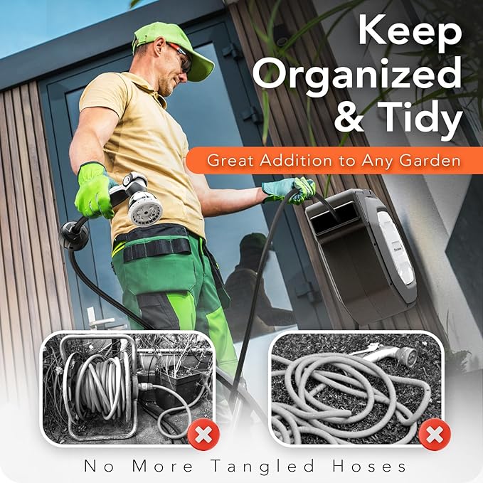 135 ft x 1/2" HOZEREEL Heavy Duty Retractable Garden Hose Reel, Garden Hose Reels Outdoor Organizer- Self Retracting Wall Mount Hose Reel Automatic Recoil Storage, Any Length Lock, 10 Pattern Nozzle-BloomoryGarden