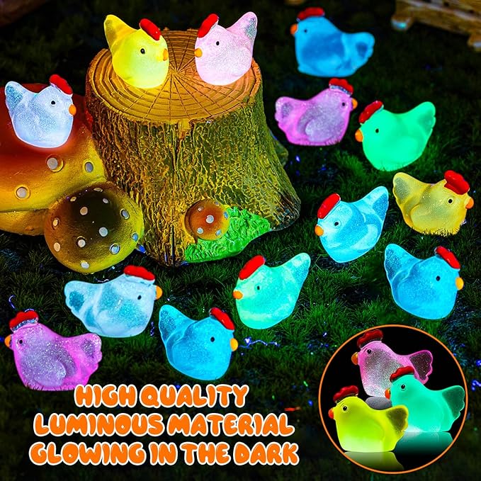 128PCS Luminous Mini Resin Chickens Miniature Animals, Tiny Chickens Miniature Figurines Glow in The Dark for Micro Garden, Potted Plant, DIY, Home Outdoor Party Decor (8 Colors)-BloomoryGarden