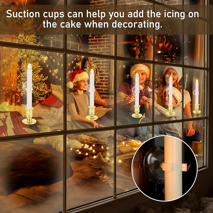 12 Pack Christmas Window Candles, Battery Operated Window Candles with Timer Remote, Candle Holder Suction Cup for Christmas Decorations, Gold-BloomoryGarden