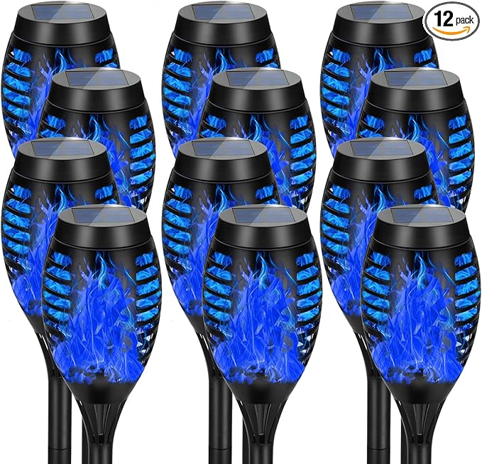 12 Pack Solar Torch Lights Outdoor Waterproof - Blue Flickering Flame, Outdoor Solar Garden Lights for Yard, Tiki Torches for Outside Patio Pathway Decorations-BloomoryGarden