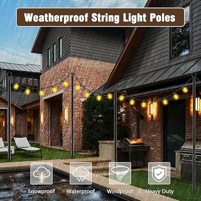 10Ft String Light Poles 6 Pack,Light Poles for Outside Lights,Outdoor with Fence Brackets Hanging Lights,Metal Stand Deck Patio Backyard-BloomoryGarden