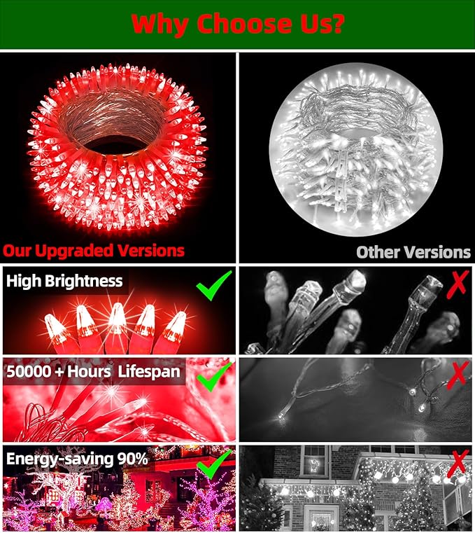 1500 LED Chrstmas String Lights, 492FT Super Long Christmas Lights with 8 Modes, Christmas Tree Lights with Timer Memory for Indoor Outdoor Tree Fence Garden Xmas Wedding Party Decor Red-BloomoryGarden